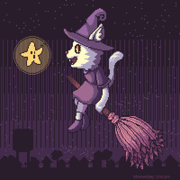 A white cat wearing purple witch garb is sitting on a broom in the sky above a city or town, smiling with her mouth open at a cute glowing star that is waving at her.