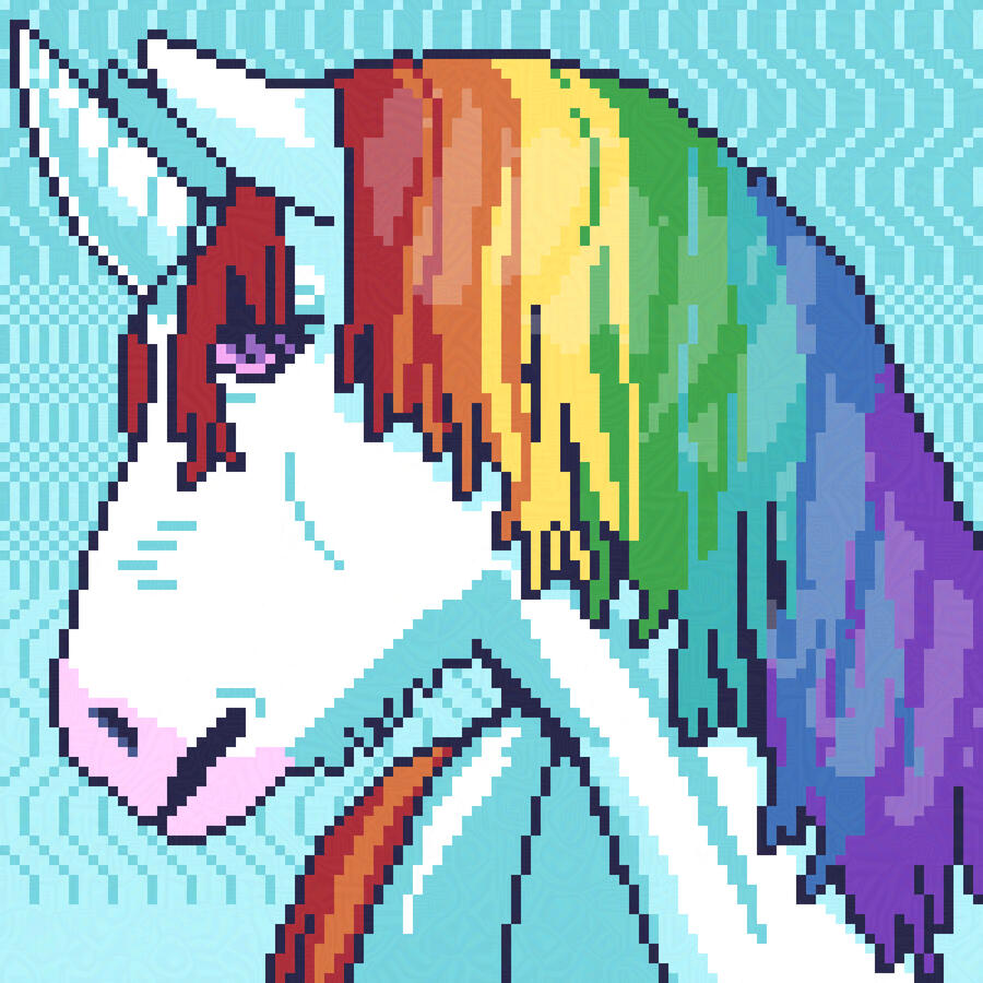 For Junicorn, I made a Pride themed unicorn portrait. The hair is colored in rainbow order, the horn is white and the eye is violet. The unicorn looks sad.
