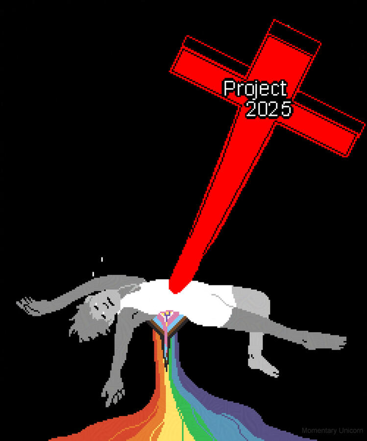 A person has fallen with tears in their eyes, being impaled by a large red cross with the words "Project 2025" on it. They are bleeding a Pride flag from their back.