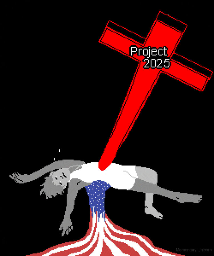 A person has fallen with tears in their eyes, being impaled by a large red cross with the words "Project 2025" on it. They are bleeding the American Flag from their back.