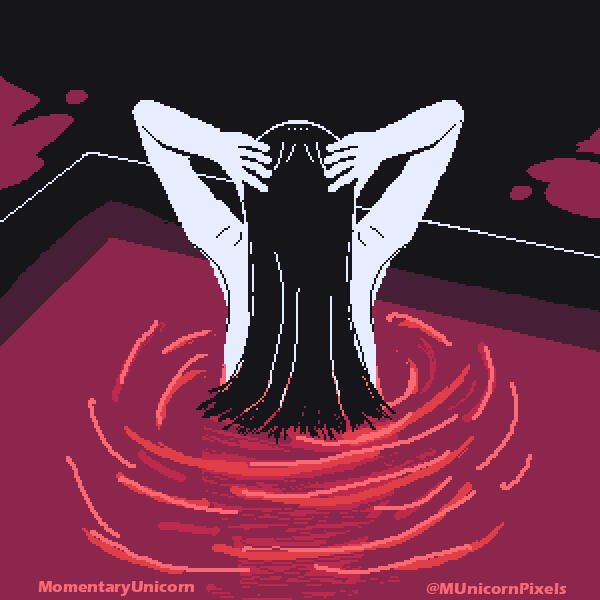 A woman smoothing her hair in a literal swimming pool of blood.