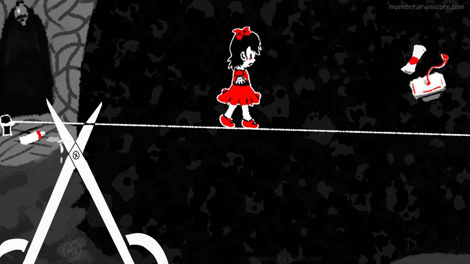 A cave where a red dress wearing child is walking a tightrope that is about to be cut by scissors. At the end of the rope is a diploma.