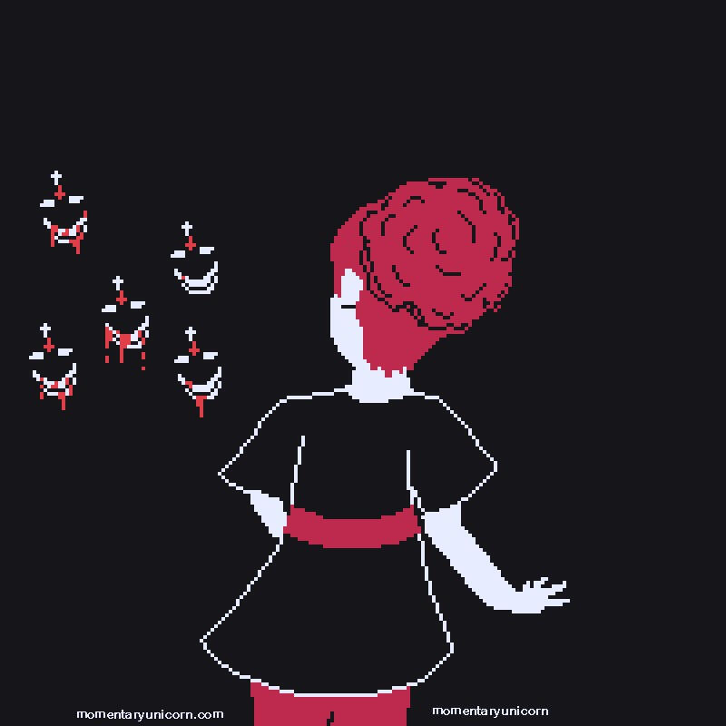 A girl with hair hair up stands with her back to the viewer, frightened of the smiling evil cross-bearing faces in the dark.