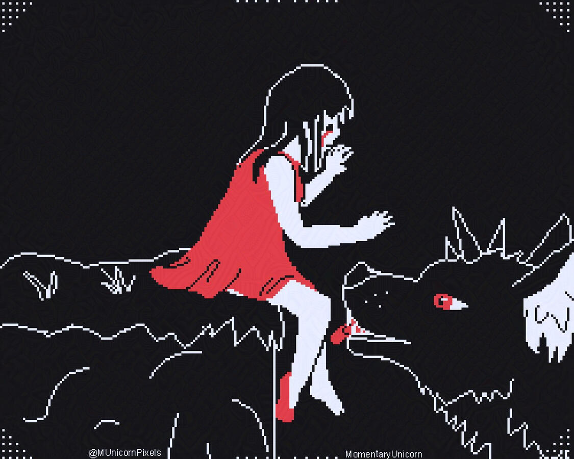 A girl sits on the edge of a cliff-like surface surprised that a big wolf creature has returned her red shoe.