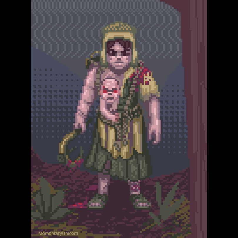 The twins from Dead By Daylight, they are in an idle animation with blood on Charlotte's shoulder, the background is a simple forest setting.