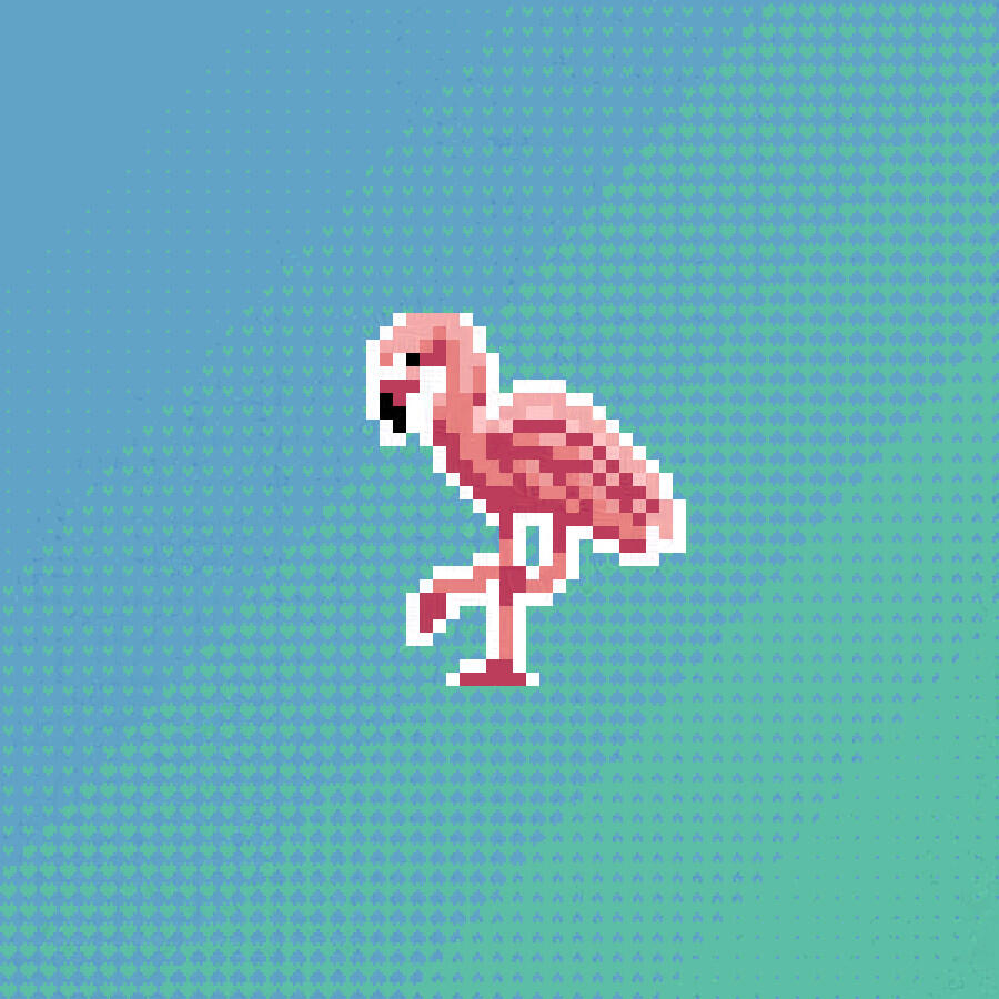 Pixel art, a pink flamingo bird on a cyan and blue background dithered with little hearts.