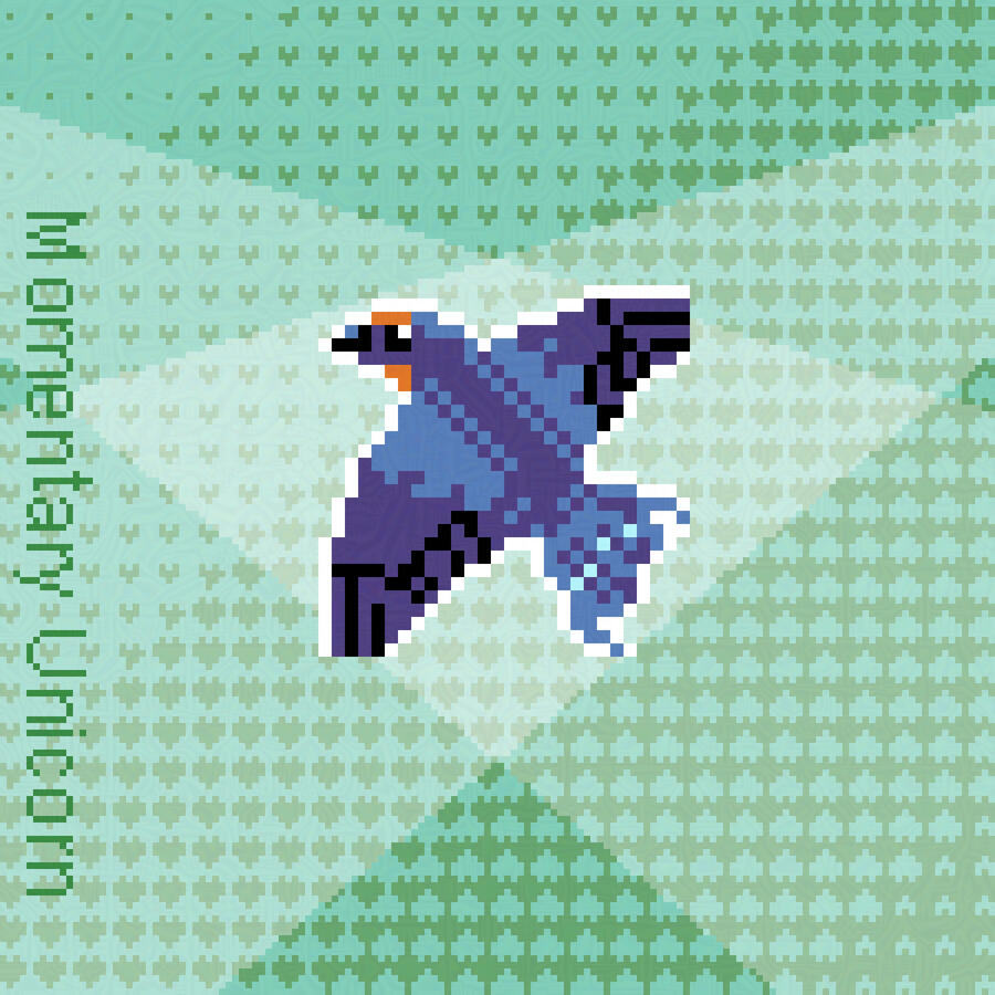 Pixel art, a Barn Swallow in flying form on a green background with spotlights and little hearts.
