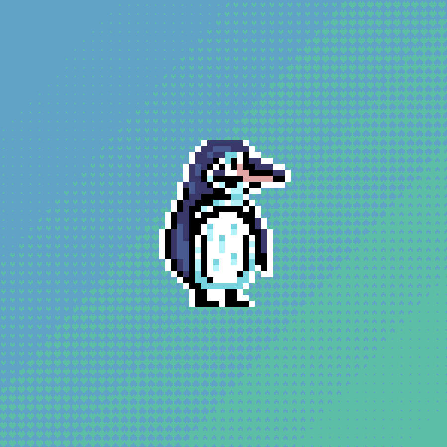 Pixel art, a galapago penguin facing to the right on a blue and green background covered in tiny hearts.