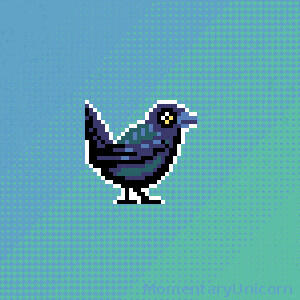 Pixel art, a common grackle on a cyan and blue background dithered with tiny hearts.