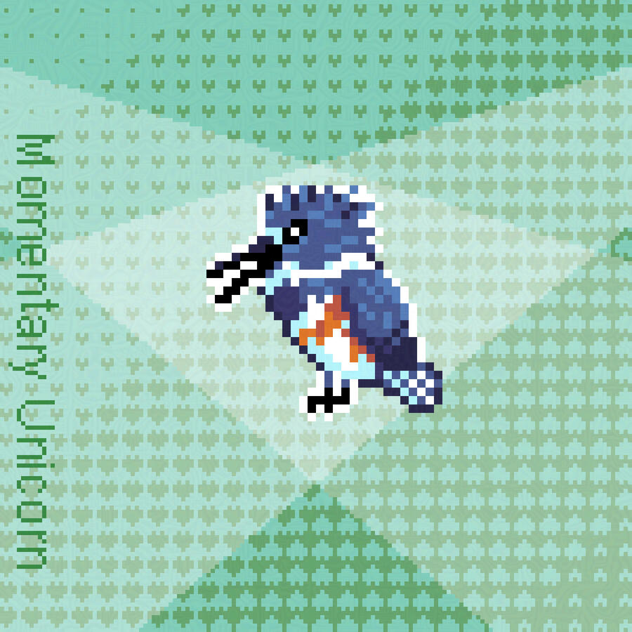 Pixel art, a belted kingfisher bird with its beak open, facing to the left. It is on a green background with little hearts and two spotlights in an X formation behind the bird.