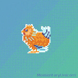 Pixel art, a frizzle chicken facing to the left on a cyan and blue background with little hearts.