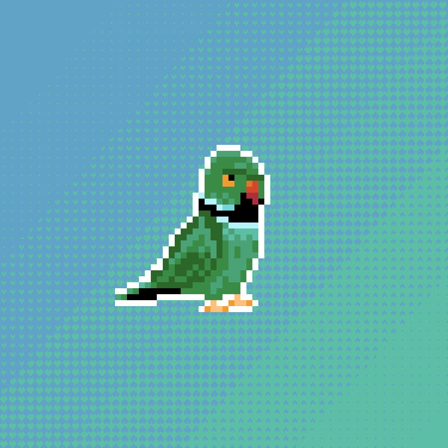 Pixel art, a rose ringed parakeet on a cyan and blue background with little hearts. The parakeet unintentionally looks quite grumpy.