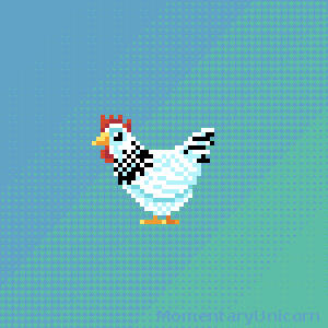 Pixel art, a white Sussex chicken on a cyan and blue background with little hearts.