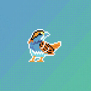 Pixel art, a white throated sparrow on a cyan and blue background dithered with little hearts.