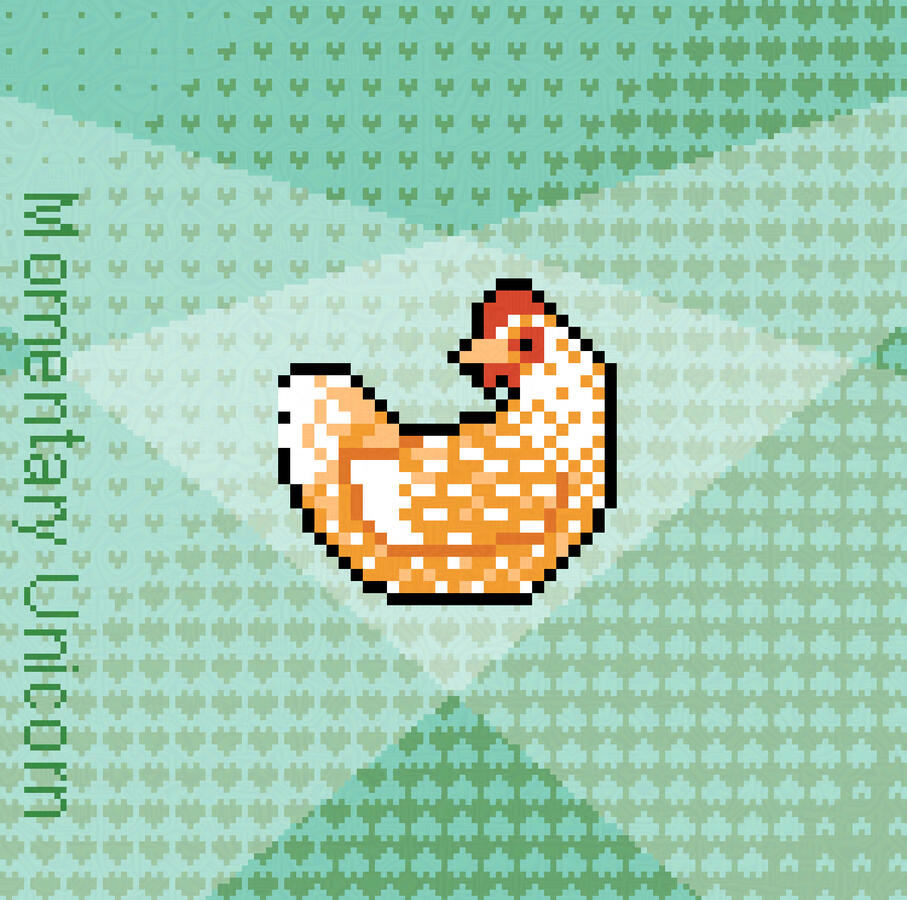 Pixel art, a hen sitting to the right while looking the left. The background is green with tiny hearts and two spotlights crossed over one another.
