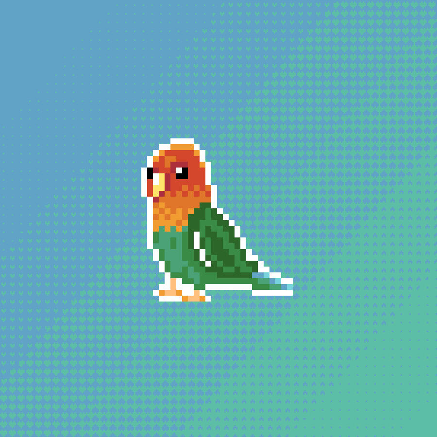 Pixel art, a love bird made on the 28x28 pixel art scale, the background is cyan and blue with little hearts.